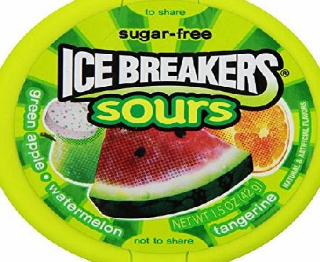 HERSHEY COMPANY ICE BREAKERS SOURS-SUGAR FREE GREEN APPLE/WATERMELON/TANGERINE - AMERICAN CANDY - 42G - 1 BOX