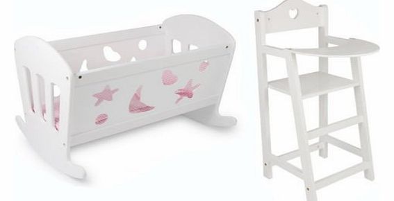 SET OF Dolls White Varnished Rocking Wooden Cradle Cot Bed and Matching High Chair Toy