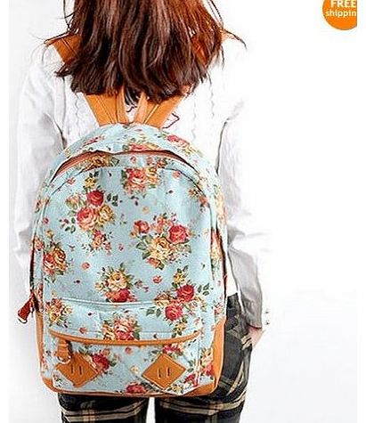 homeking Blue Canvas Rucksack Vintage Flower Backpack School Campus Book Bag