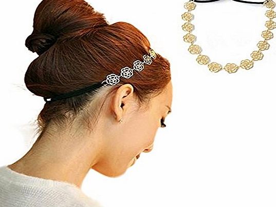 Housweety  New Lovely Metallic Sweet Lady Hollow Rose Flower Elastic Hair Band Fashion Headbands (Gloden Flower)