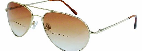 +1.50 Bifocal Reading Sunglasses, Designer Pilot Style Gold Aviator Frame, Flex Temples, 100% UV Protection Tinted Brown Lenses, Retro Fashion Mens Womens Unisex +1.5 Prescription