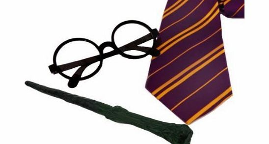 ILOVEFANCYDRESS 2 X WIZARD SET FANCY DRESS ACCESSORY COSTUME SCHOOL BOY TIE   ROUND WIZARD GLASSES   PLASTIC BRANCH WAND MAGICIAN OUTFIT