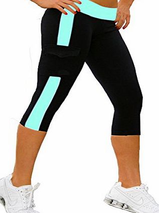 TM) Womens Tights Capri YOGA Running Pants Leggings Black+Tiffany Blue S