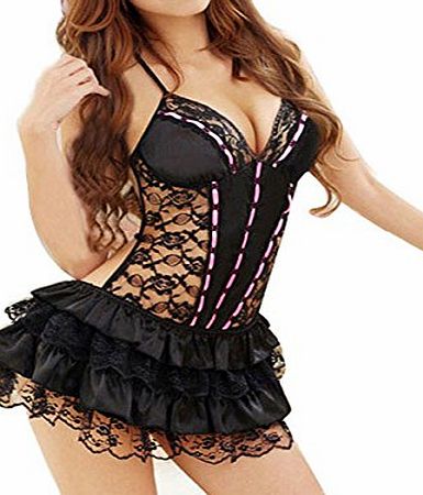 ISASSY Sexy Lingerie Set - Black Lace Dress Sheer Babydoll Layered Dress G-strings Backless Sleepwear Underwear Nightwear Nightdress for Women