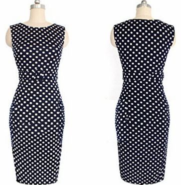 Janecrafts Elegant Pinup Polka Dot Bodycon Pencil Tank Business Work Belted Dress (XL)