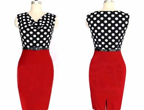 Janecrafts Neo Summer Women Rockabilly Color Block Bodycon Pencil Dress Polka Dot Wiggle Dress. (S)