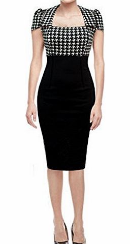 Janecrafts Popular Summer Women Elegant Square Neck High Waist Bodycon Houndstooth OL Formal Party Dress (L)