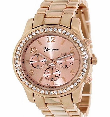 JewelTime Geneva Platinum Womens Rose Gold Plated Stainless Steel Quartz Watch with Classic Round Cubic Zirconia CZ Dial Ladies Boyfriend Watch