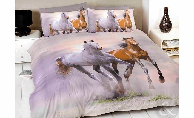 Just Contempo HORSES DUVET COVER - Grey Cream Beige amp; Brown Bedding Cotton Rich Bed Set Cream, Brown amp; Grey Single Duvet Cover ( girls kids )