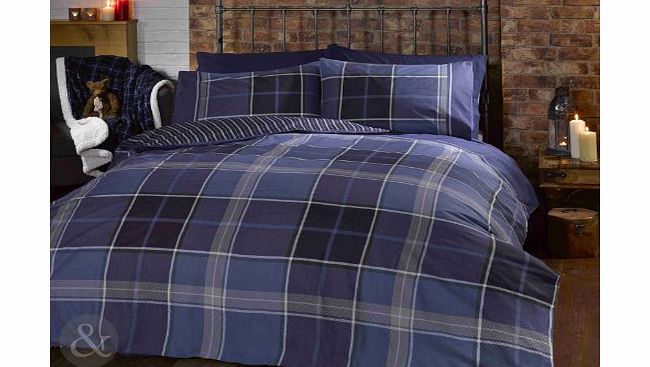 Just Contempo TARTAN DUVET COVER - Modern Check Bedding Reversible Striped Navy Blue Bed Set Blue ( White Green ) Double Duvet Cover ( Boys Bedroom )