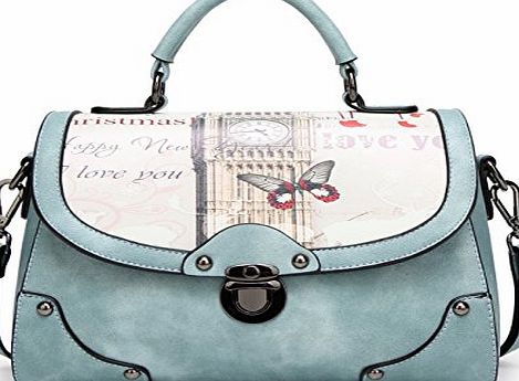 Kidly Ladies Leather Vintage Handbag Designer Cross-body Bag Tote with Bow For Women (Blue)