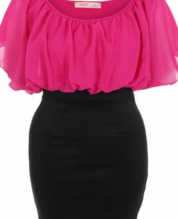 Krisp  Oversize Contrast Pleated Chiffon Batwing Ponte Pencil Mini Dress Party (Cerise,20)