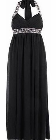 Womens Diamante Chiffon Halter Neck Maxi Dress Bridesmaid Gown Party Evening (Black,16)