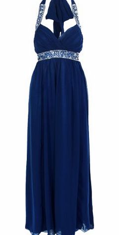 Krisp Womens Diamante Chiffon Halter Neck Maxi Dress Bridesmaid Gown Party Evening (Navy,16)