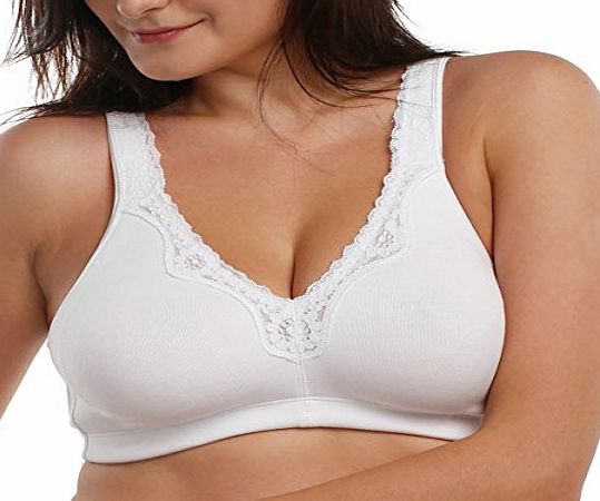 La Isla Womens Cotton Non Padded Lace Trim Full Coverage Wirefree Bra White 46C