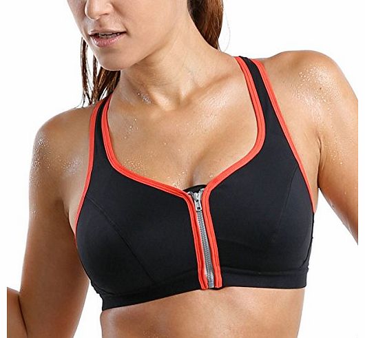 La Isla Womens Hight Support Active Zipped Plunge Front Fastening Sports Bra Orange 34 B