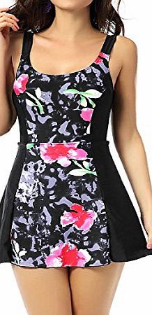 La Isla Womens One Piece Swimwear Floral Print Swimsuit Beachwear with Skirt Black 10