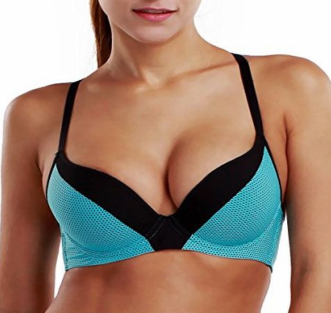 La Isla Womens Push Up Racer Back Cool Comfort Sports Bra Blue 38 C