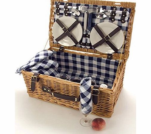 4 Person La Roca Wicker Picnic Hamper Blue And White Check