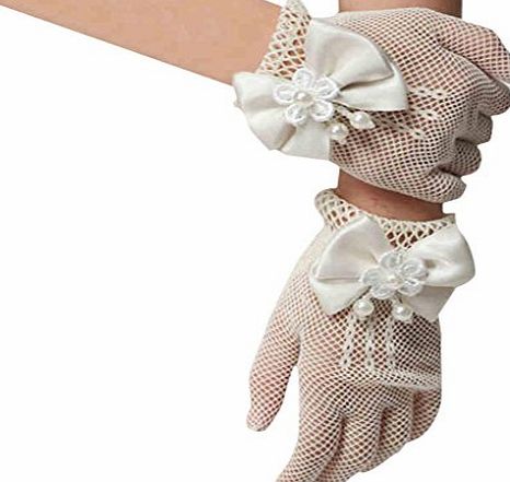 La Vogue Kids Girls Mesh Bowknot Cream Coloured Full Finger Gloves