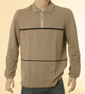 Mens Beige 1/4 Zip Long Sleeve Polo Shirt