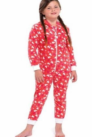 LD Outlet GIFT BAGGED KIDS CHILDRENS TEEN ONESIES FULL LENGTH FLEECE ONESIE HOODED ALL IN ONE JUMPSUIT BATHROBE PYJAMAS GIRLS RED HEARTS 9-10