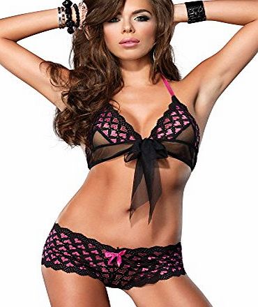 Leg Avenue Saucy Lace Bra and Booty Shorts Set with Scallop Trim, Black/Pink, UK 10 to 12