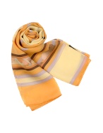 Leonard Apricot and Yellow Floral Printed Chiffon Silk Long Scarf