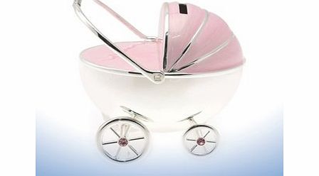 Leonardo Christening Gift Silver Plated Pink Enamelled Pram Money Box