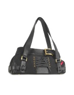 Sofia - Black Canvas and Leather Satchel Bag