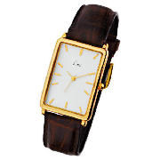 Mens Gold Plate Tan Strap Tank Dial Watch