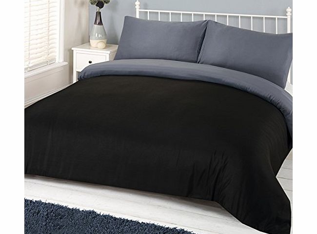 Linens Limited Plain Reversible Duvet Cover Set, Black/Grey, Double