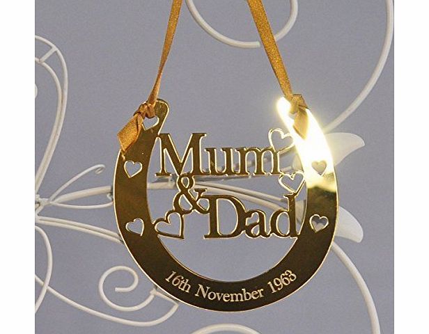 Little Shop of Wishes Personalised Lucky Mum and Dad Horseshoe Good Luck Keepsake - Golden Wedding Anniversary Bridal Gift - Gold Mirror Acrylic - LittleShopOfWishes