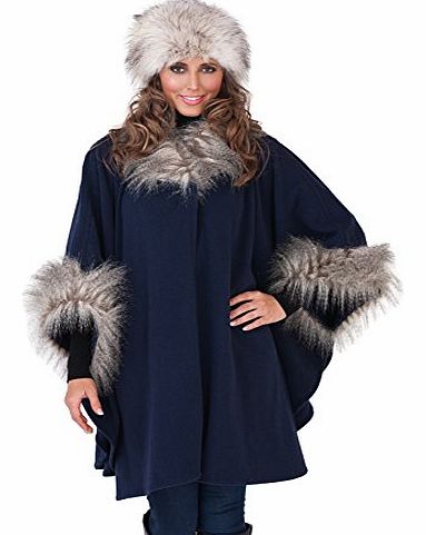 WOMENS LADIES FUR COLLAR SHAWL THROW CAPE COAT WRAP WINTER WARM LADIES NAVY ONE SIZE