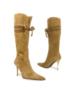 Camel Velvet Bow Suede High-heel Boots