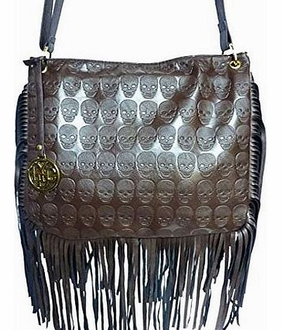 LYDC Designer Skull Messenger Shoulder Bag Fringe Celebrity Studs Tassel Punk - Coffee - W 12 ,H 12 ,D 4 inches