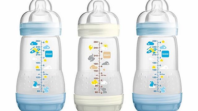 MAM Self Sterilising Anti-Colic Bottle 260 ml (3 Pack Blue/ White)