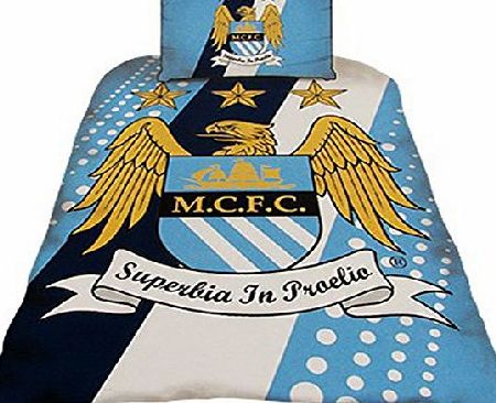 OFFICIAL MANCHESTER CITY MAN CITY FC CREST STRIPE PANEL SPOT SINGLE DUVET SET QUILT COVER BEDDING SINGLE DUVET AND PILLOWCASE (MCSSD1)