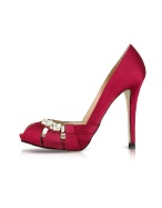 Jeweled Plum Satin Peep-Toe Pump Shoes