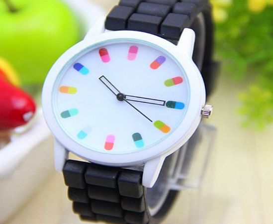 Menu Life 12 colors Ladies Watch Classic Gel Crystal Jelly Silicone Geneva watch (Black)