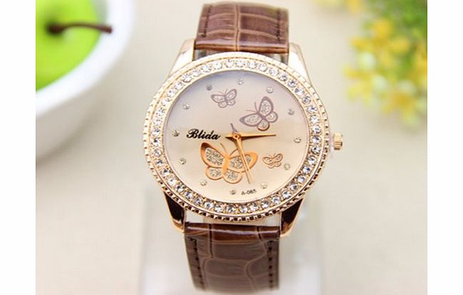 Menu Life Diamond Shining Colored Butterfly Woman Watch Dress Watch PU leather (Brown)