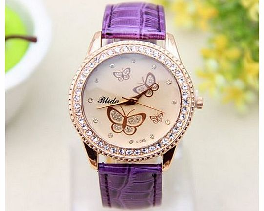 Diamond Shining Colored Butterfly Woman Watch Dress Watch PU leather (Purple)