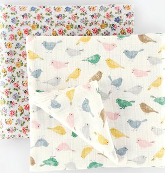 Mini Boden, 1669[^]34987552 2 Pack Soft Muslin Blankets Birds/Snowdrop Sprig