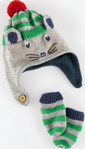 Mini Boden, 1669[^]34958355 Novelty Hat and Mittens Set Grey Marl/Badger