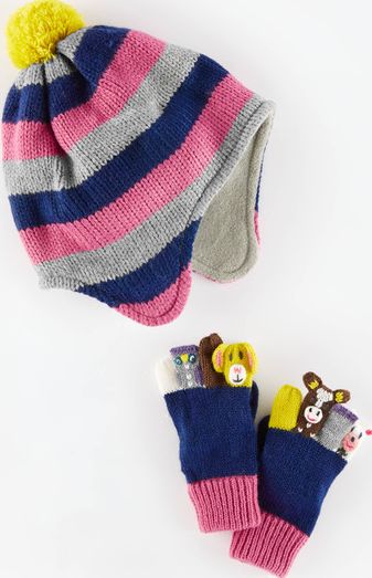 Mini Boden, 1669[^]34951210 Novelty Hat and Mittens Set Navy/Animals Mini