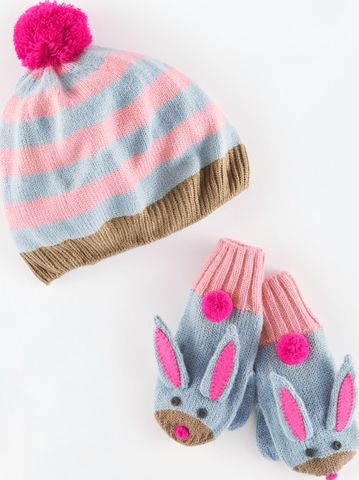 Mini Boden, 1669[^]34951228 Novelty Hat and Mittens Set Soft Blue/Bunny Mini