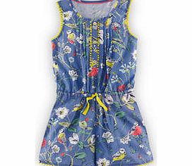 Mini Boden Pretty Playsuit, Regatta Blue Garden Birds,Light