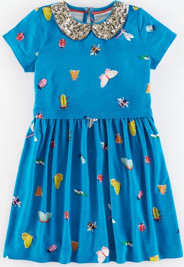 Mini Boden Sparkle Jersey Dress Peacock Blue Beautiful Bugs