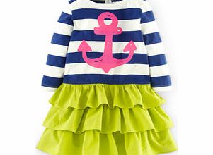 Mini Boden Stripy Ruffle Logo Dress, Soft Navy Anchor,Grey