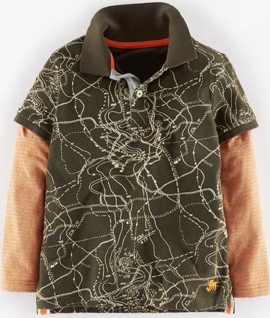 Mini Boden, 1669[^]34979963 Super Soft Layered Polo Dark Khaki Maps Mini